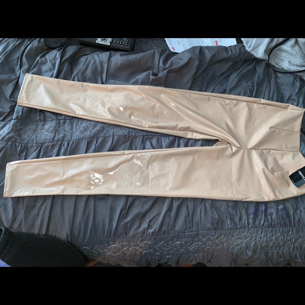 Tan faux patent leather pants